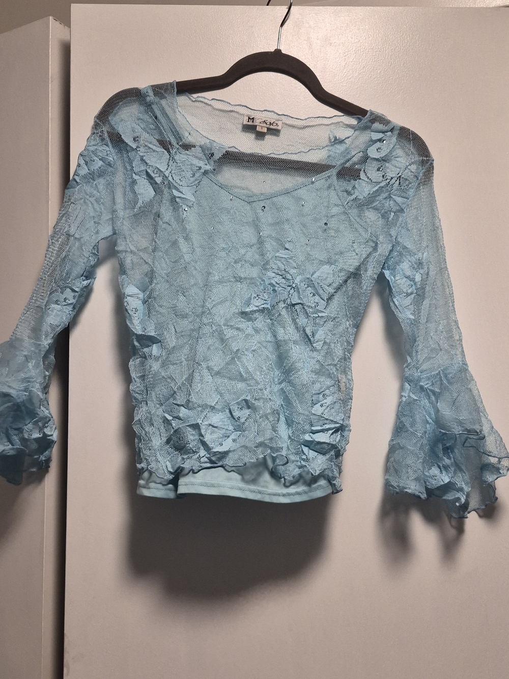 Light Blue Sheer Ruffle Sleeve Women's Top